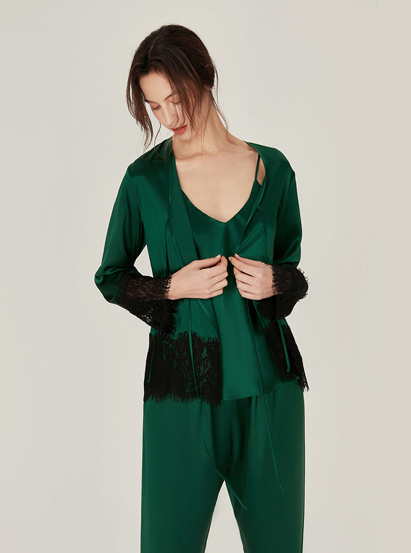 Silk Spring Female V Collar Lazy Retro Matching Pajamas Lace Stitching Three-Piece Set