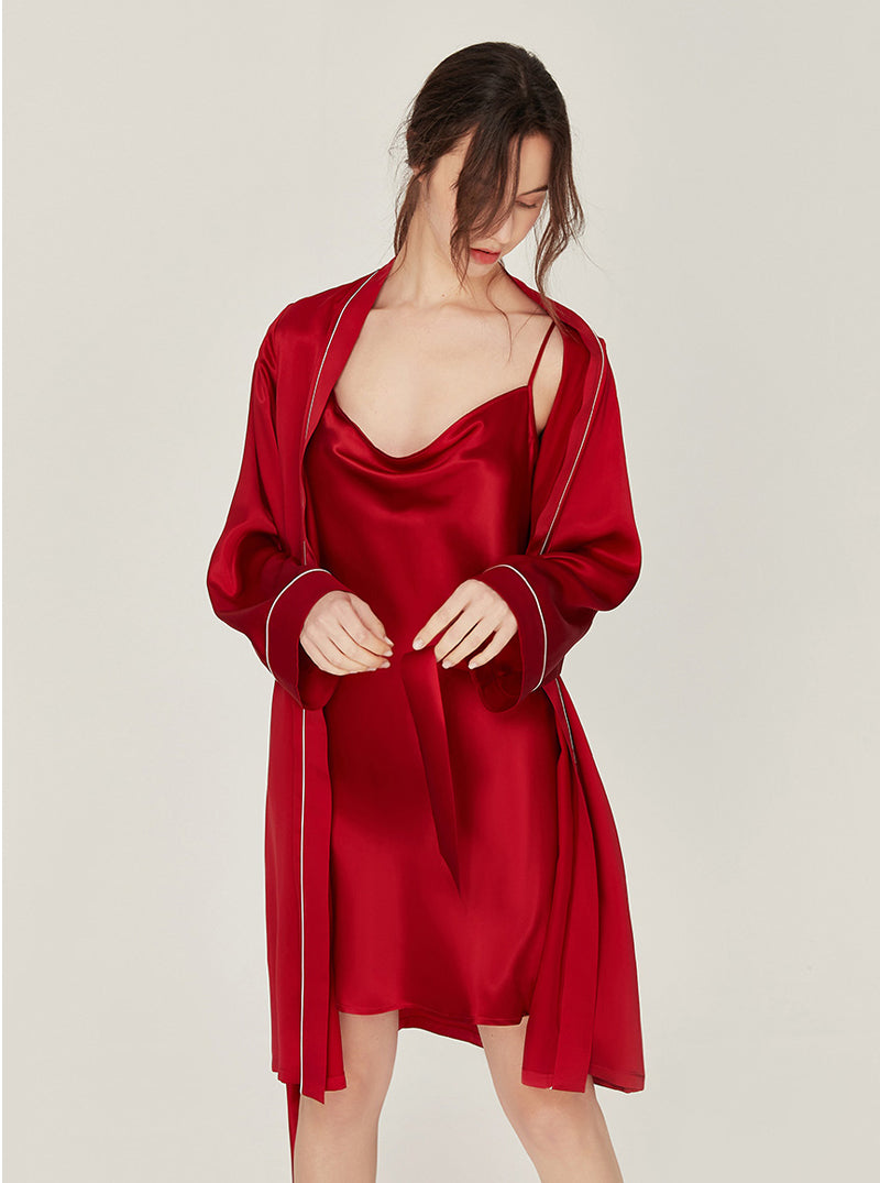 Silk Wedding Morning Robe V Collar Advanced Sense Simplicity Pure Color Medium Length Night-Robe Female