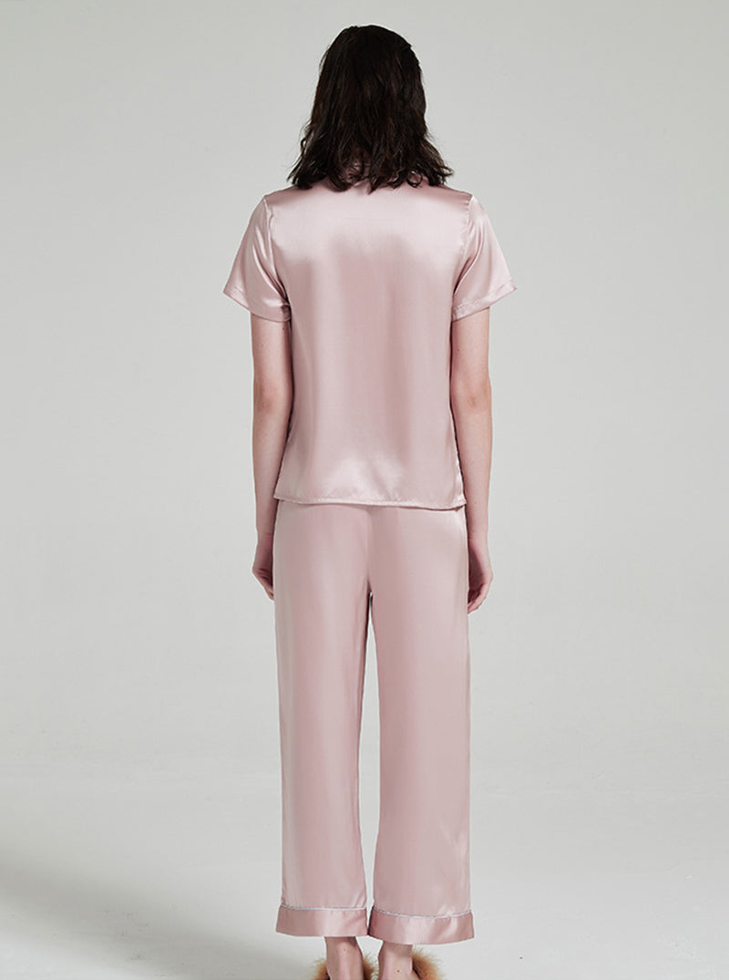 Suit Collar 19 Momme Silk Female Summer Multiple Colors Simple Classic Comfortable Short Sleeve Pants Pajamas Two Piece Set