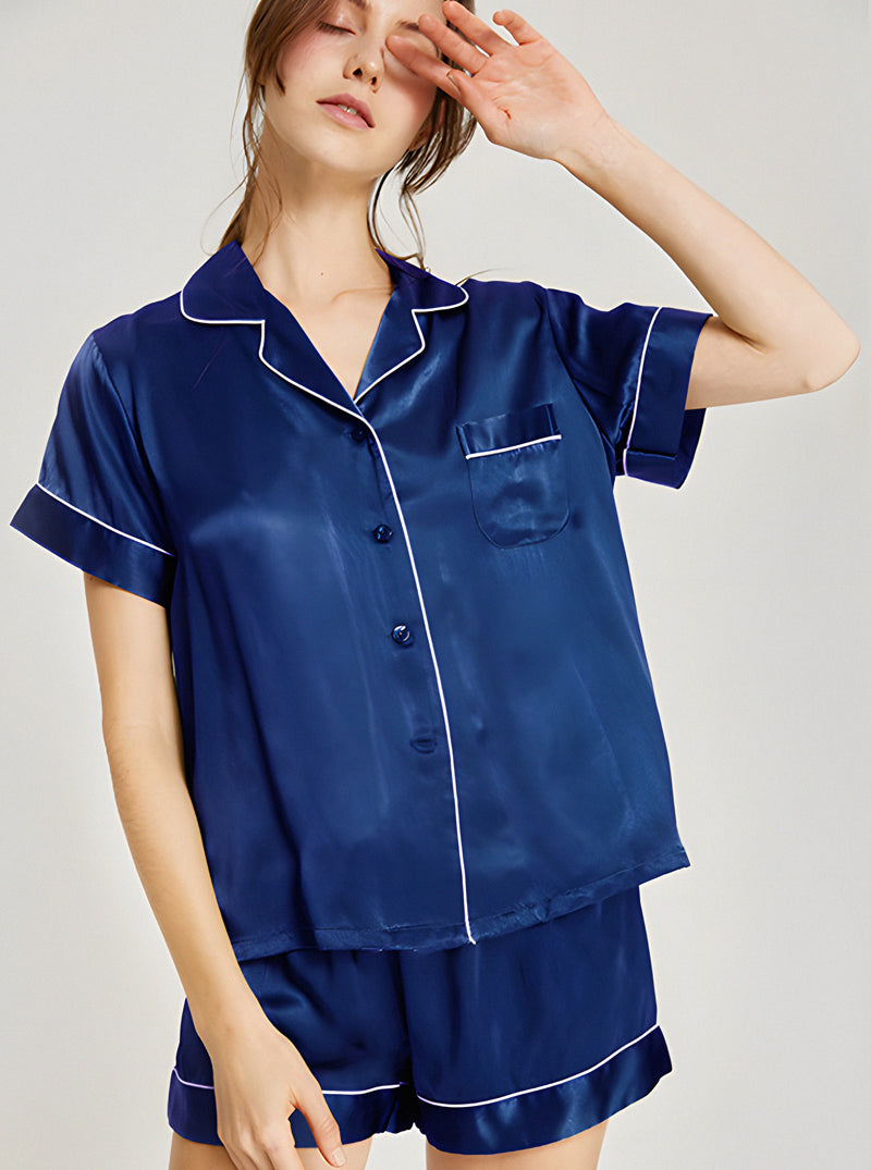 19 Momme Silk Summer Female Small Lapel Simple Fashion Versatile Multicolor Short Sleeve Button Pajamas Two-Piece Set
