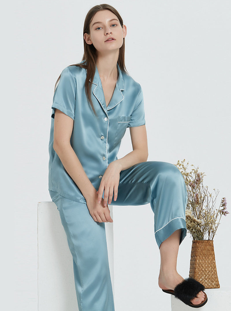 Suit Collar 19 Momme Silk Female Summer Multiple Colors Simple Classic Comfortable Short Sleeve Pants Pajamas Two Piece Set