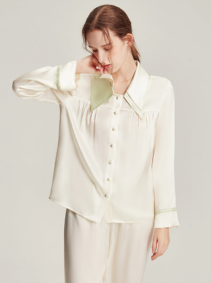 Silk Female Autumn Lapel Stitching Design Simple Fashion Soft Breathable Comfortable Long Sleeve Pajamas Two Pieces Of Solid Color