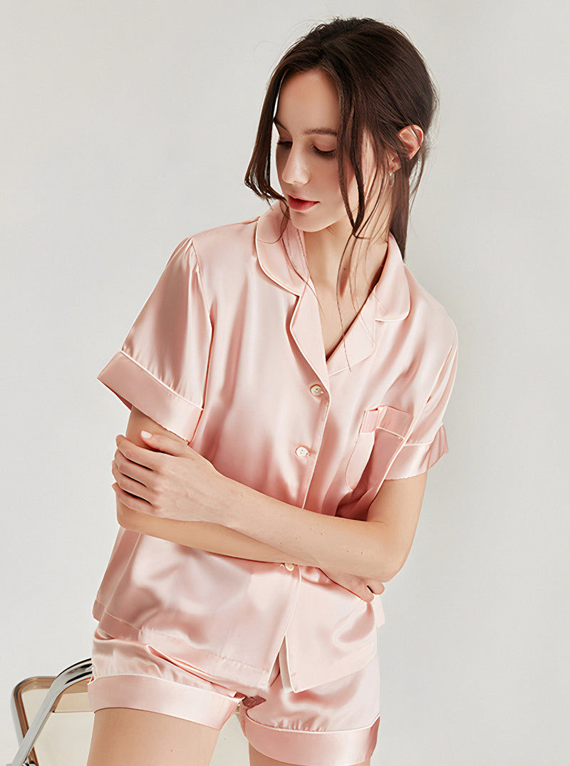 19 Momme Silk Summer Female Small Lapel Simple Fashion Versatile Multicolor Short Sleeve Button Pajamas Two-Piece Set