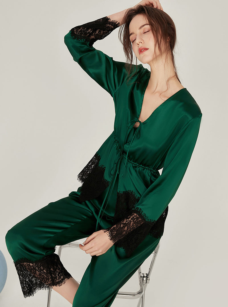 Silk Spring Female V Collar Lazy Retro Matching Pajamas Lace Stitching Three-Piece Set