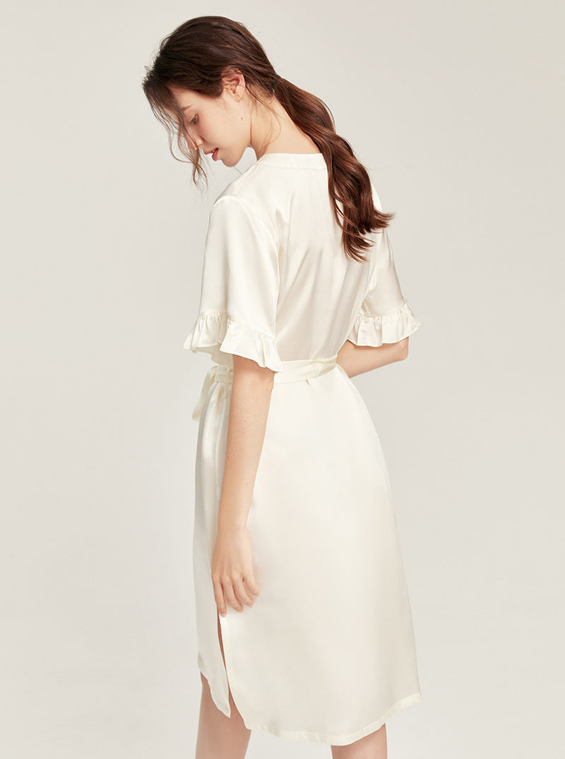Female Summer 19 Momme Pure Color Silk Buttons V Collar Split Hem Ruffle Short Sleeve Medium Length Night-Robe