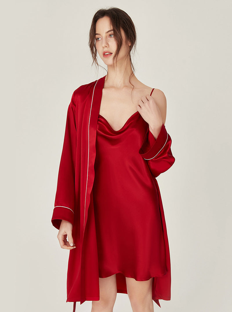 Silk Wedding Morning Robe V Collar Advanced Sense Simplicity Pure Color Medium Length Night-Robe Female