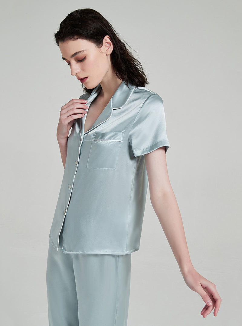Suit Collar 19 Momme Silk Female Summer Multiple Colors Simple Classic Comfortable Short Sleeve Pants Pajamas Two Piece Set