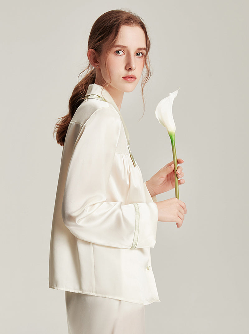 Silk Female Autumn Lapel Stitching Design Simple Fashion Soft Breathable Comfortable Long Sleeve Pajamas Two Pieces Of Solid Color