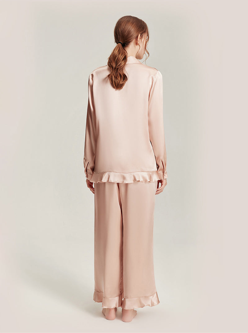 Solid Light Color Female Silk Autumn Shirt Collar Comfortable Breathable Ruffles Simple Basic Long Sleeve Pants Two Piece Pajamas