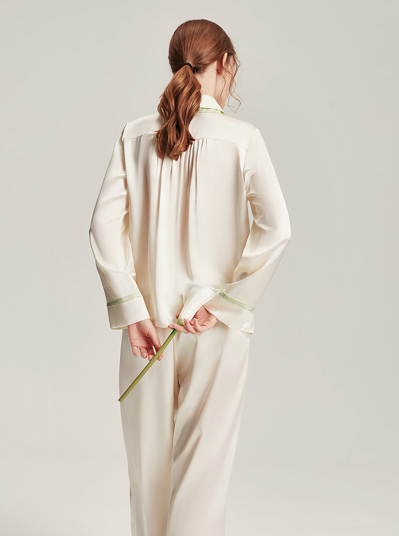 Silk Female Autumn Lapel Stitching Design Simple Fashion Soft Breathable Comfortable Long Sleeve Pajamas Two Pieces Of Solid Color