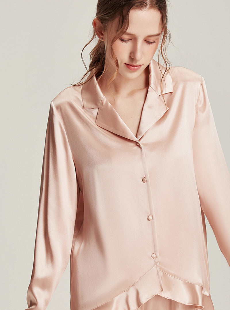 Solid Light Color Female Silk Autumn Shirt Collar Comfortable Breathable Ruffles Simple Basic Long Sleeve Pants Two Piece Pajamas