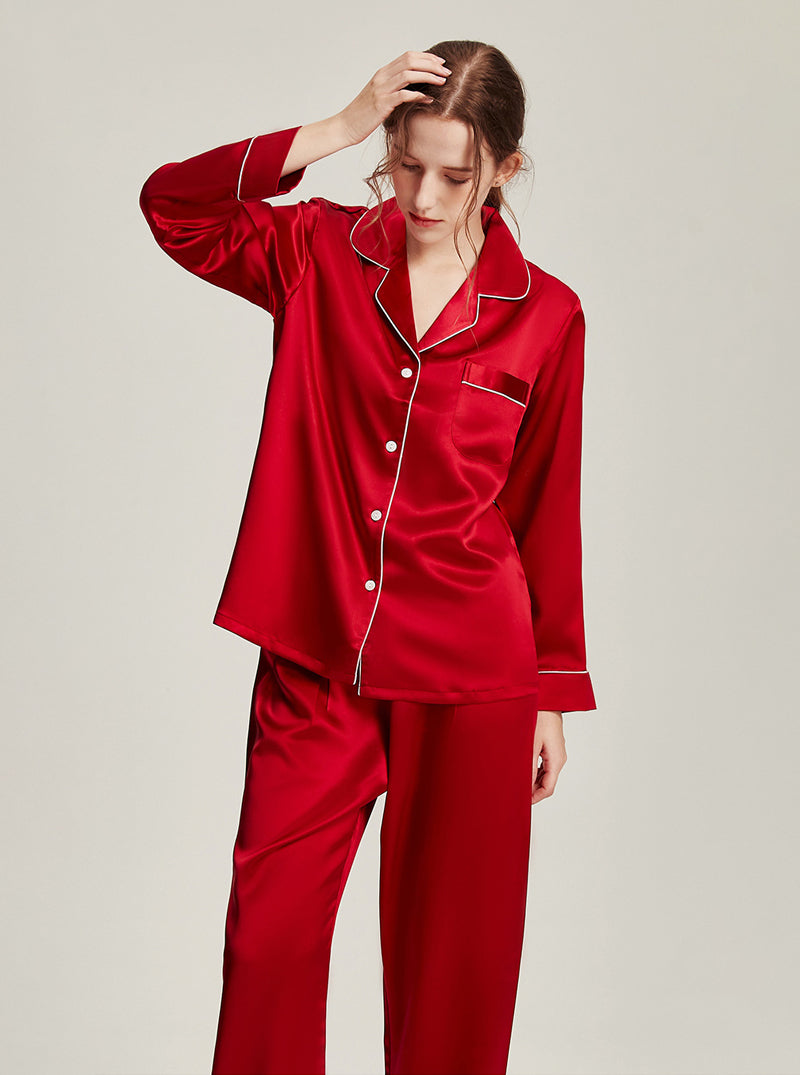 19 Momme Silk Autumn And Winter Female Simple Small Lapel Multi-Color Temperament High-Quality Pajamas Two-Piece Long-Sleeved Trousers