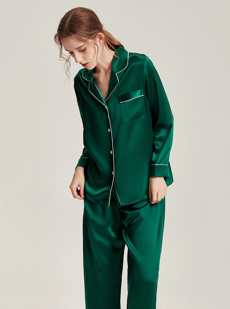 19 Momme Silk Autumn And Winter Female Simple Small Lapel Multi-Color Temperament High-Quality Pajamas Two-Piece Long-Sleeved Trousers