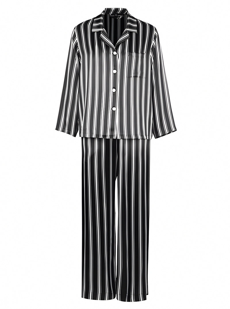 19 Momme Silk Spring Autumn Male Shirt Collar Black and White Striped Print Casual Long Sleeve Pants Pajamas Two Piece Set