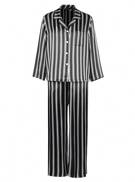 19 Momme Silk Spring Autumn Male Shirt Collar Black and White Striped Print Casual Long Sleeve Pants Pajamas Two Piece Set