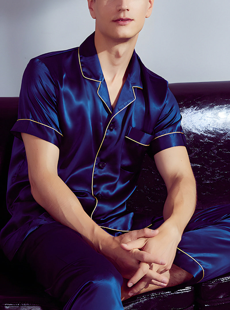 Silk Summer Male Small Lapel Comfortable Fashion Textured Multicolor Short Sleeve Pajamas Two-Piece Set