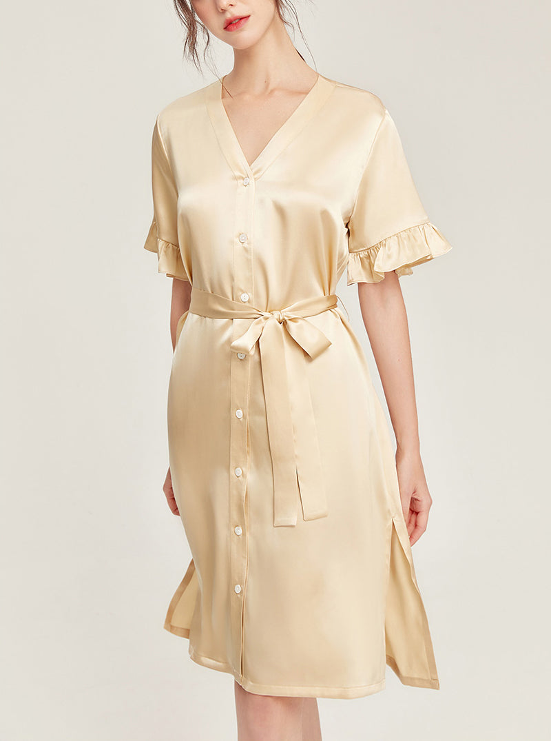 Female Summer 19 Momme Pure Color Silk Buttons V Collar Split Hem Ruffle Short Sleeve Medium Length Night-Robe