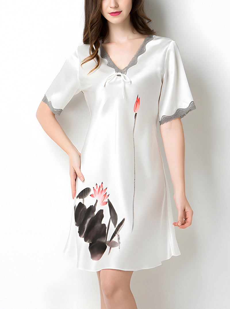 Summer Female Silk Lace V-Neck Ink Painting Print Sexy Comfortable High-End Nightdress