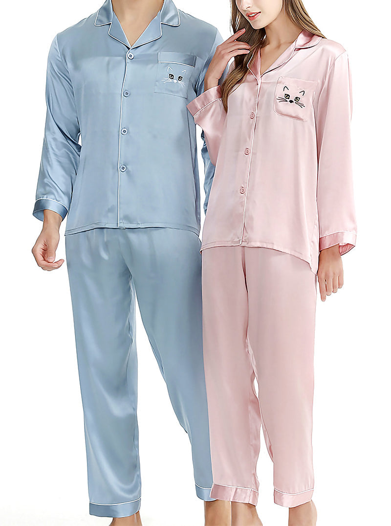 Silk Pure Color Summer Couple Pajamas Sets Small Lapel Cute And Lively Cat Embroidery Long-Sleeved Pajamas Two-Piece Set