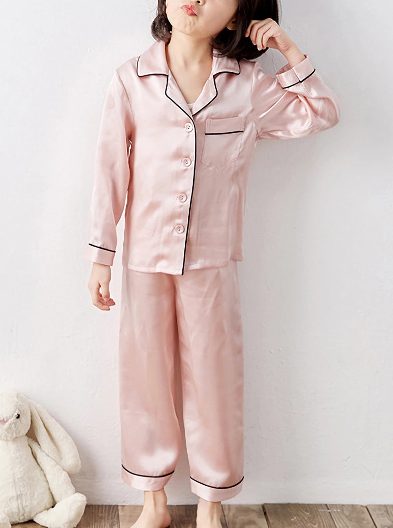 Small Lapel 19 Momme Silk Girls Autumn Cute Breathable Simple Pink Long-Sleeved Trousers Children's Two-Piece Pajamas