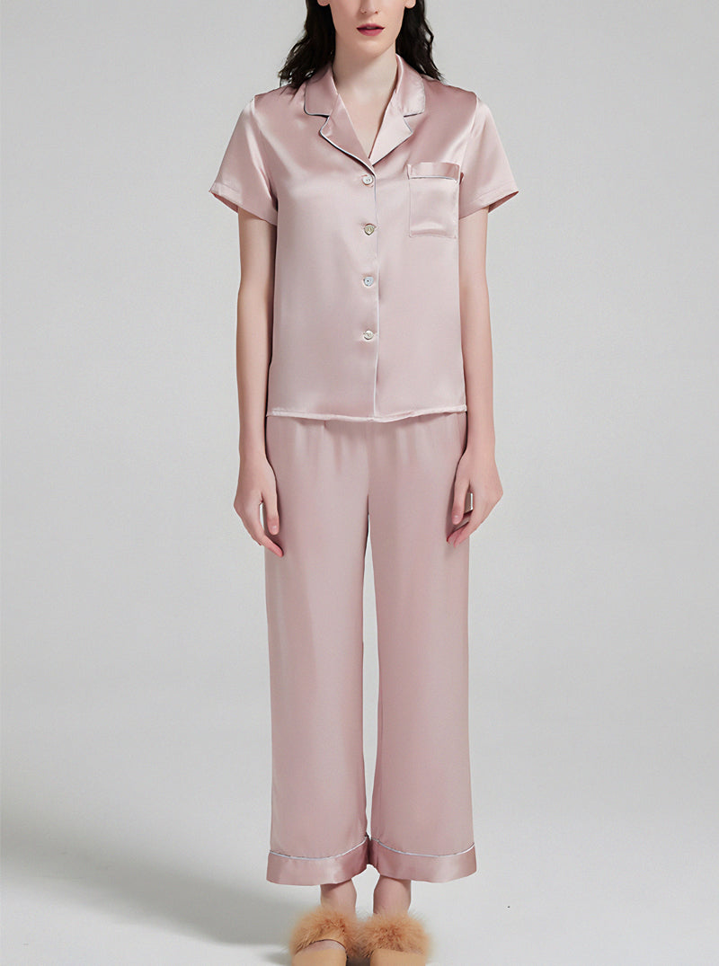 Suit Collar 19 Momme Silk Female Summer Multiple Colors Simple Classic Comfortable Short Sleeve Pants Pajamas Two Piece Set
