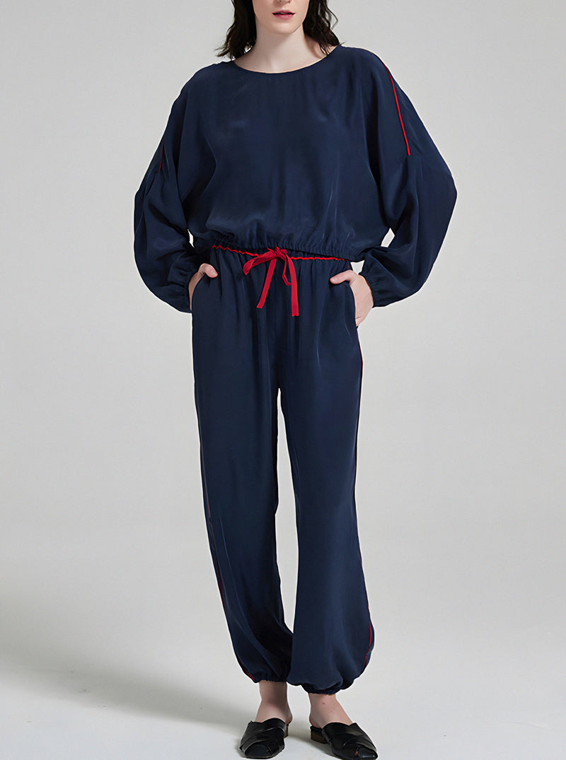 19 Momme Silk Navy Blue Spring And Autumn Female Round Neck Sand Wash Soft Loose Long-Sleeved Trousers Pajamas Two-Piece Set