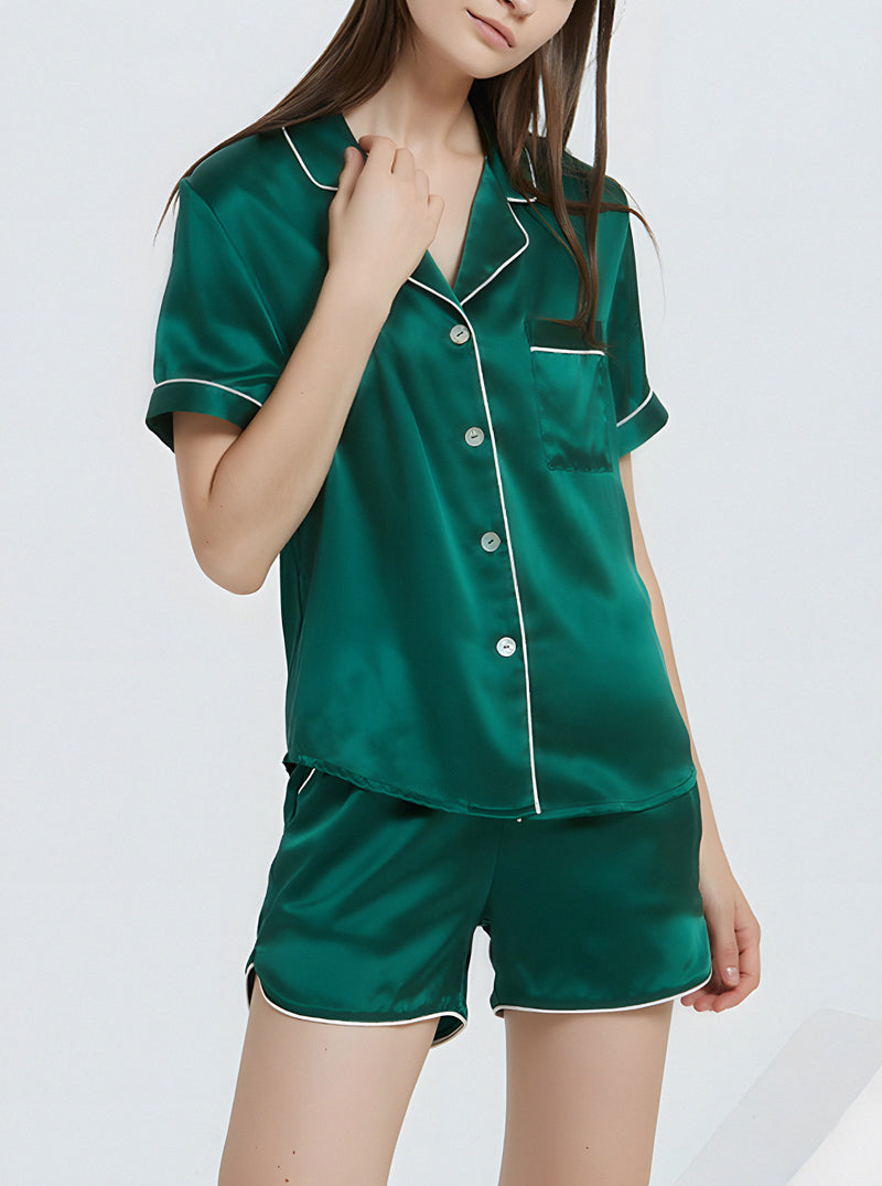 Multicolor 19 Momme Silk Female Small Lapel Summer Simple Fashion Cool And Convenient Short Pajamas
