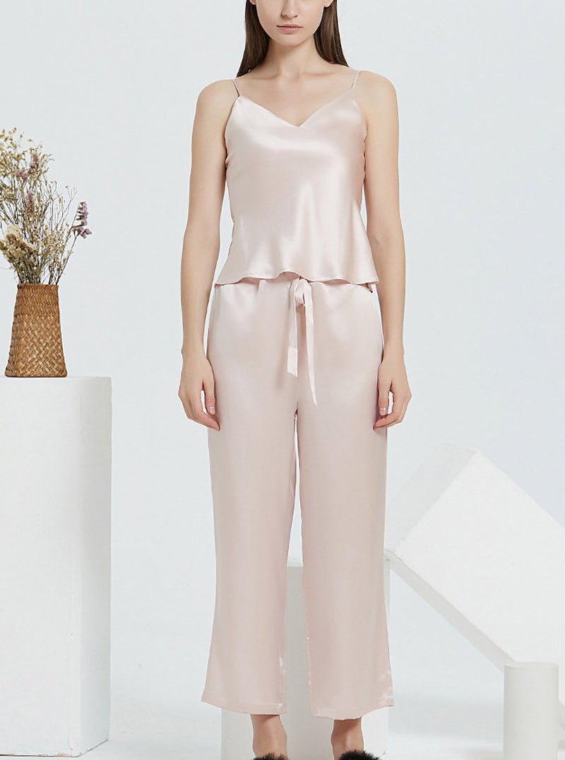 22 Momme Silk Summer Female V-Neck Suspender Trousers Sexy Casual Casual Breathable Comfortable Light Lotus Pink Pajamas Two-Piece Set