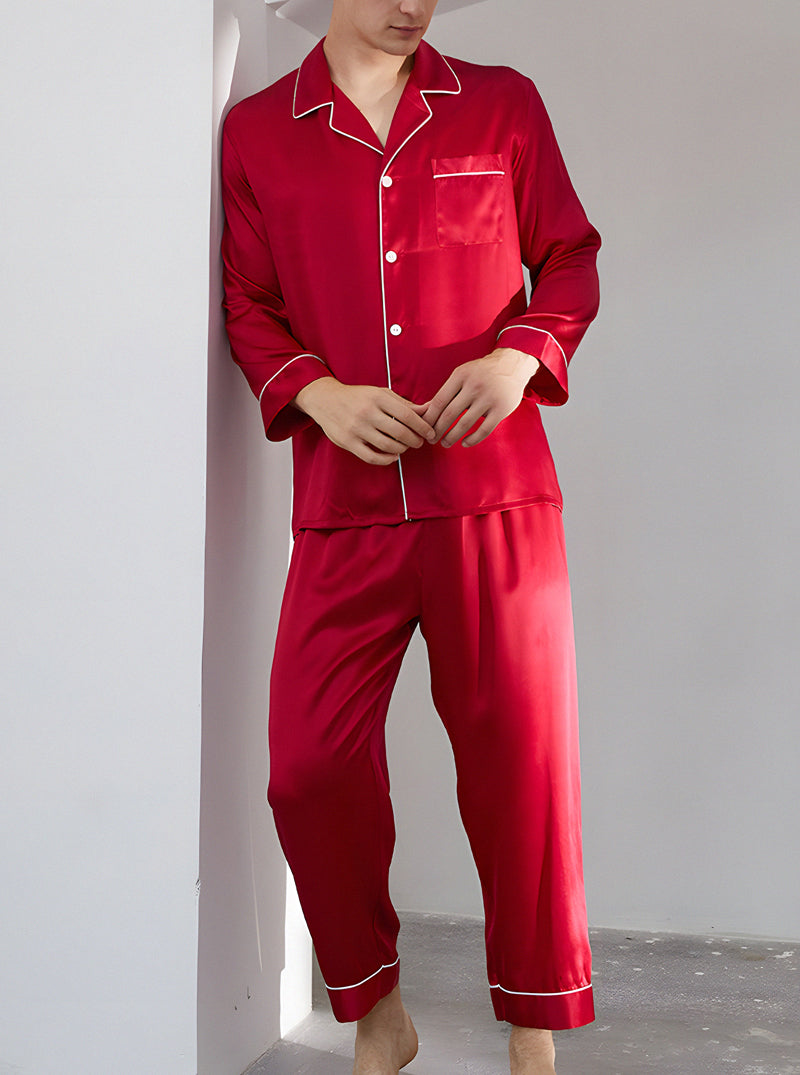 Spring And Summer 16 Momme Silk Male Small Lapel Solid Color Edge Contrast Color Line Simple Long-Sleeved Trousers Two-Piece Pajamas