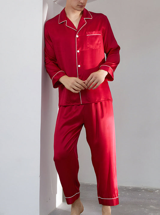 Spring And Summer 16 Momme Silk Male Small Lapel Solid Color Edge Contrast Color Line Simple Long-Sleeved Trousers Two-Piece Pajamas