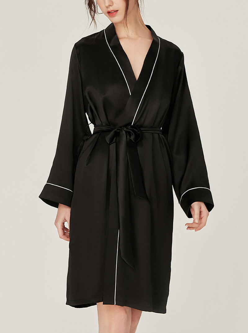 Silk Wedding Morning Robe V Collar Advanced Sense Simplicity Pure Color Medium Length Night-Robe Female