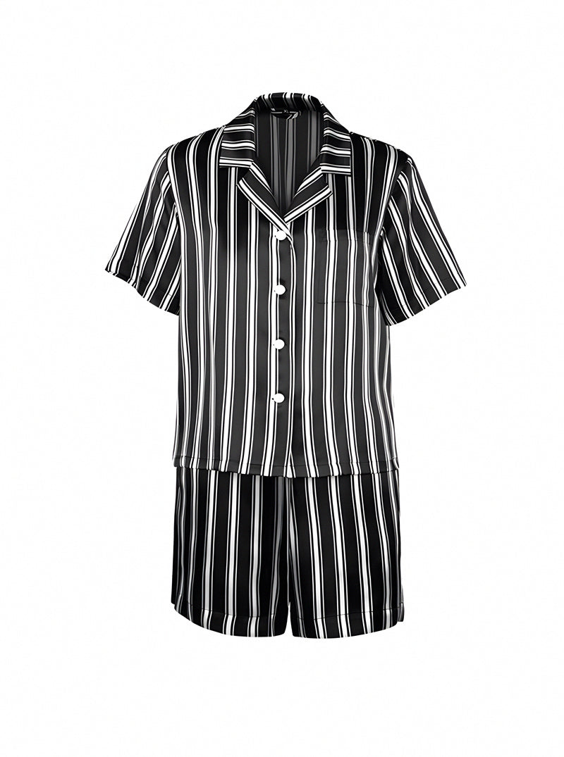 Male Summer 19 Momme Silk Shirt Collar Loose Temperament Black And White Striped Print Short-Sleeved Shorts Two-Piece Pajamas