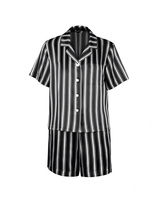 Male Summer 19 Momme Silk Shirt Collar Loose Temperament Black And White Striped Print Short-Sleeved Shorts Two-Piece Pajamas