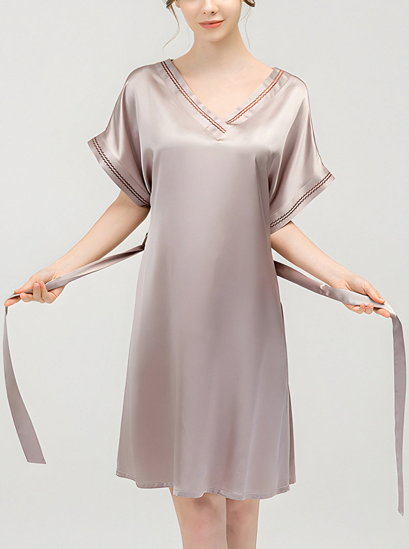 Solid Color Female Silk Summer V-Neck Premium Loose Classic Belt Short Sleeve Nightdress