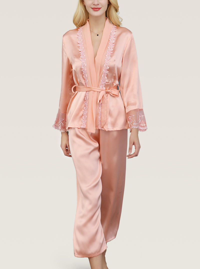 Embroidered Stitching Silk Spring And Autumn Female Solid Color Senior Gorgeous Short Nightgown Trousers Pajamas Two-Piece Set