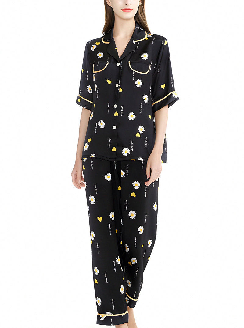 Summer Black Silk Female Contrast Color Edging Small Lapel Plant Flower Pattern Print Loose And Comfortable Short-Sleeved Pajamas Two-Piece Set