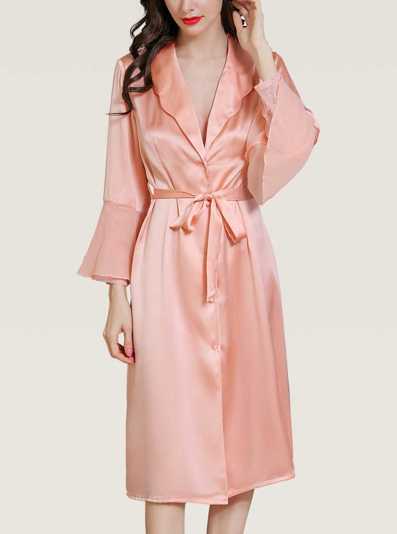 Silk Spring And Summer Female Small Lapel Elegant Sexy Mature Intellectual Comfortable Trumpet Sleeve Belt Solid Color Long-Sleeved Nightgown