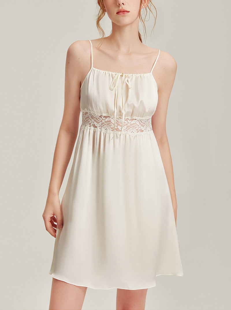 19 Momme Summer Female One-Word Collar Hollow Lace Palace Style Retro Fresh Sweet Elegant Sexy High Waist Neck Drawstring Beige Sling Nightdress