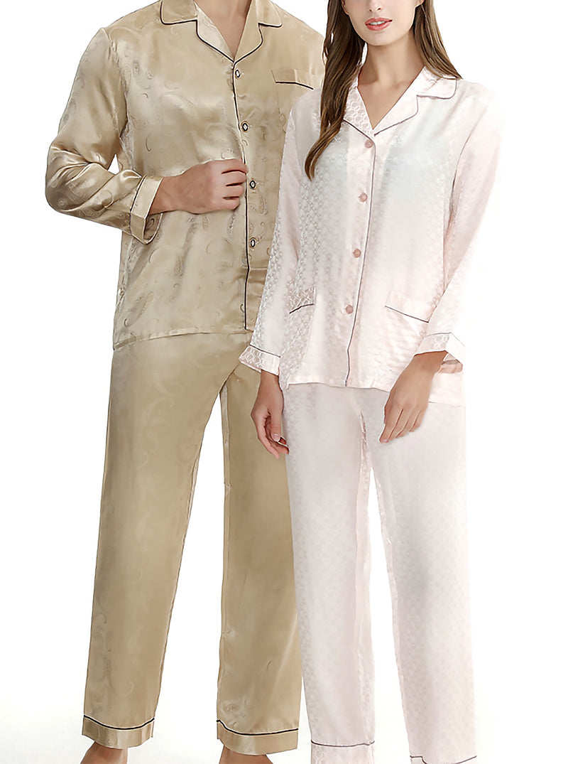Silk Summer Couple Pajamas Sets Small Lapel Edging Printing Retro Simple Pure Color Long-Sleeved Trousers Casual Two-Piece Home Service