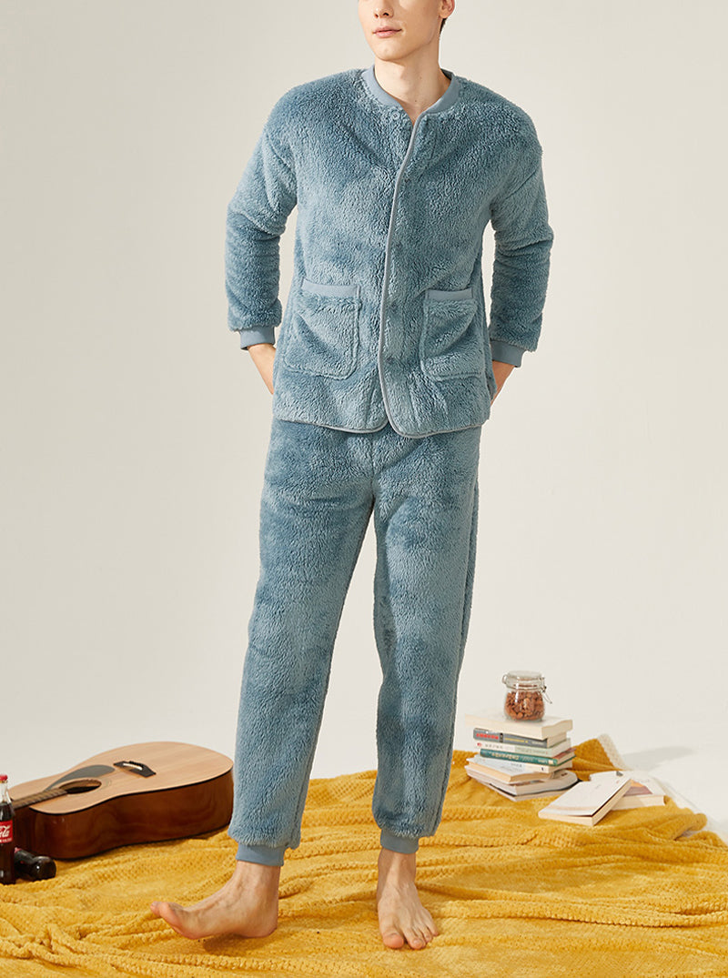 Thickened Warmth Winter Pajamas Male Small V Collar Long Sleeve With Scarf Can Be Worn Outdoors Coral Velvet Set