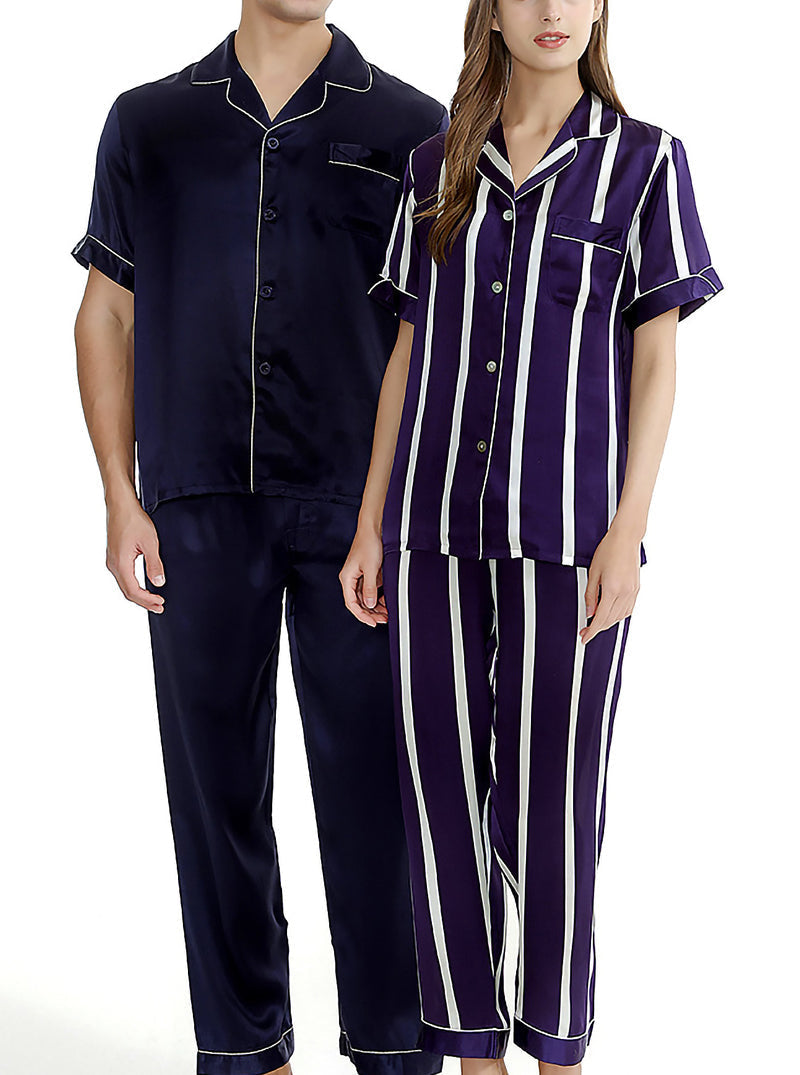 Silk Summer Couple Pajamas Sets Small Lapel Simple White Edge Short-Sleeved Trousers Pajamas Two-Piece Set