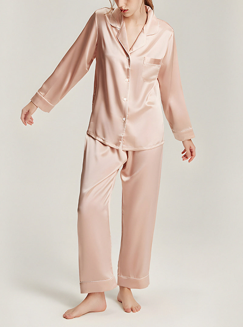 19 Momme Silk Autumn And Winter Female Simple Small Lapel Multi-Color Temperament High-Quality Pajamas Two-Piece Long-Sleeved Trousers