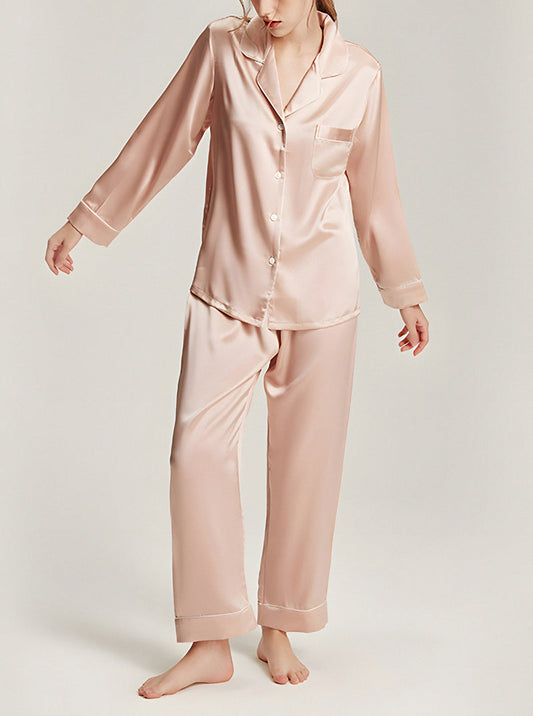 19 Momme Silk Autumn And Winter Female Simple Small Lapel Multi-Color Temperament High-Quality Pajamas Two-Piece Long-Sleeved Trousers