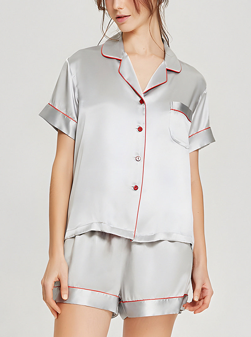 19 Momme Silk Summer Female Small Lapel Simple Fashion Versatile Multicolor Short Sleeve Button Pajamas Two-Piece Set