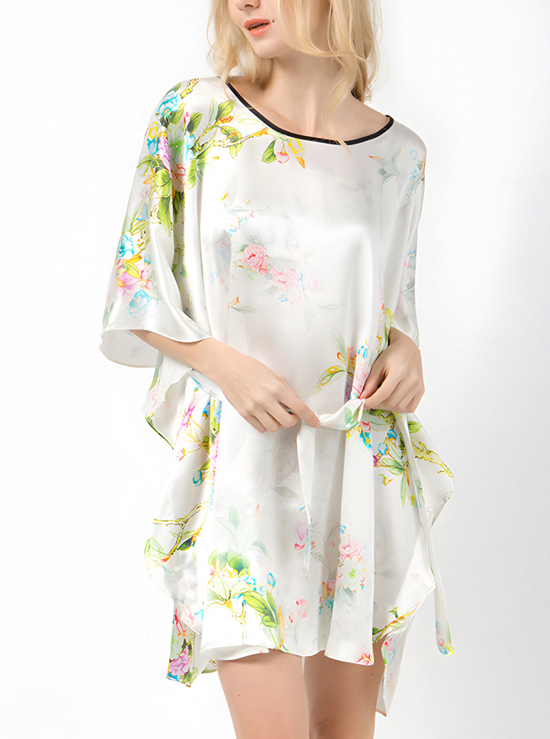Female Summer Silk Round Neck Mid Sleeve Loose Belt Luxurious Flower Print Nightdress