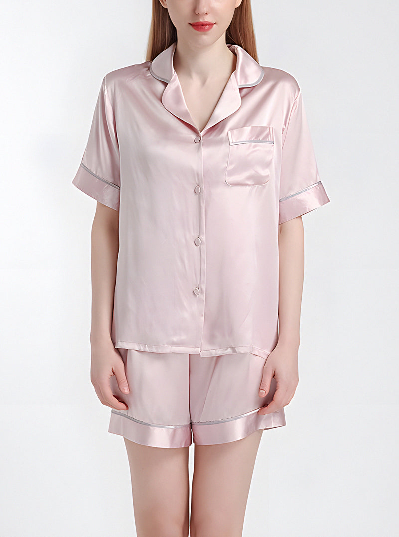 Silk Summer Ladies Small Lapel Cool And Comfortable Loose Stitching Multi-Color Short-Sleeved Shorts Pajamas Two-Piece Set