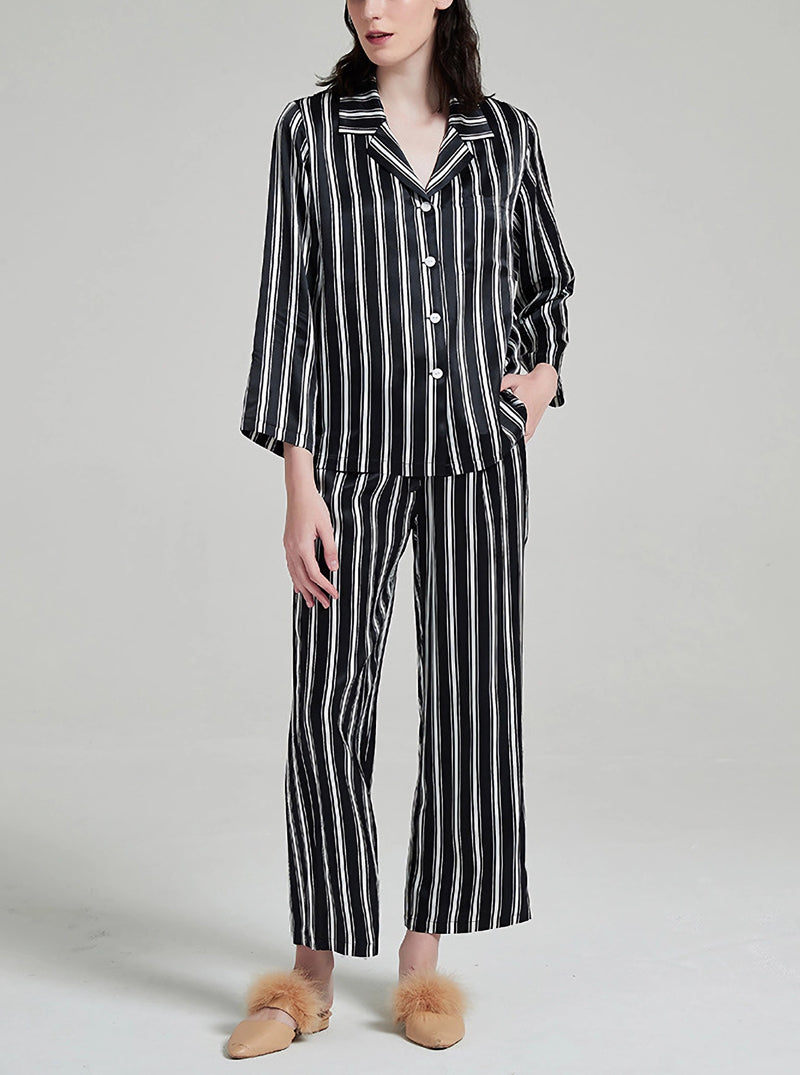 19 Momme Silk Spring Autumn Female Casual Advanced Breathable Black And White Striped Long Sleeve Pants Pajamas Two Piece Set