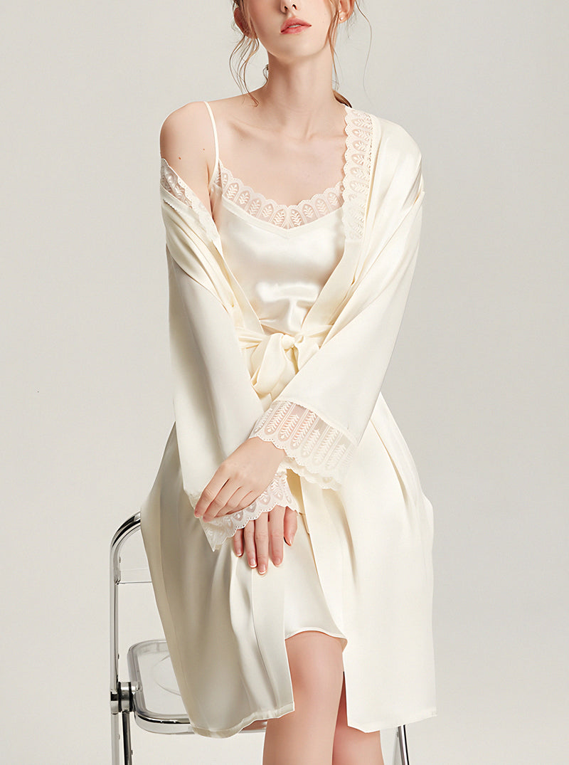 Lace High-End Female Silk Autumn V-Neck Sexy Waist Beautiful Suspender Nightdress Long-Sleeved Nightgown Two-Piece Set