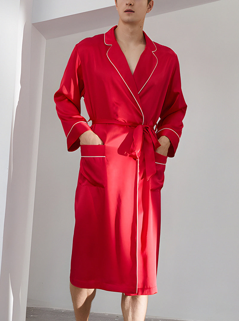 Suit Collar 19 Momme Silk Male Spring Summer Fashion High-End Solid Color Long-Sleeved Long Night-Robe