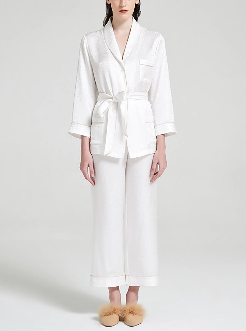 Houndstooth Jacquard 19 Momme Silk Spring And Autumn Female Lapel Elegant And Dignified Solid Color Pajamas Long-Sleeved Trousers Two-Piece Set